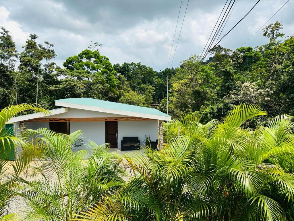 uma pequena casa branca com um telhado azul em Jonka House Private Jungle Oasis em Chachagua