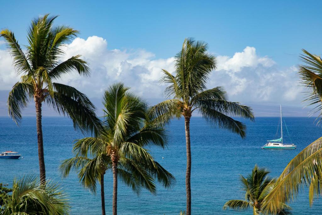 - Vistas a las palmeras y al océano con barcos en K B M Resorts: The Whaler WH2-661 Sweeping Ocean Views 1 Bedroom beach gear newly furnished 2023 LOccitane Amenities Includes Rental Car, en Kaanapali