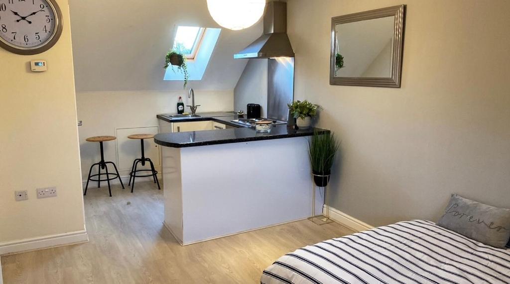 a kitchen with a counter and a sink in a room at Studio one bedroom En-Suite with Kitchenette in Easthampstead