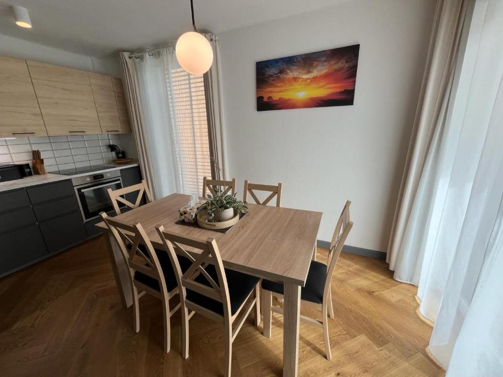 a kitchen and dining room with a wooden table and chairs at Slunečný apartmán Velké Losiny in Velké Losiny