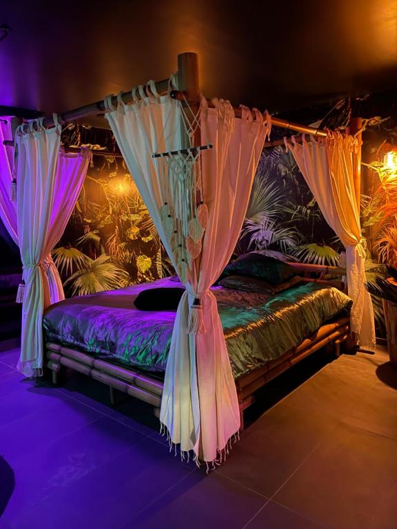 - une chambre avec un lit à baldaquin et des rideaux dans l'établissement La Terrasse Des Spas, à Hazebrouck