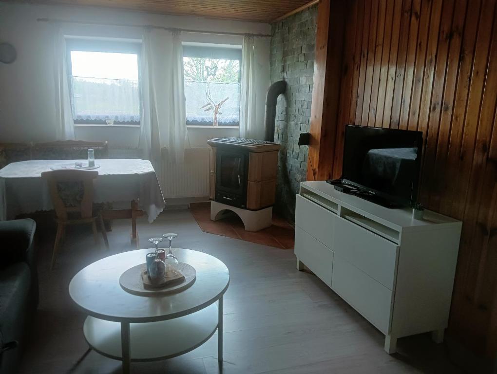 Jindřichovice的住宿－U krbu，一个小客厅配有电视和一张桌子