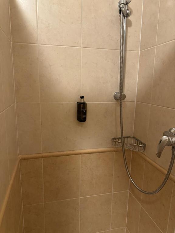 a shower with a hose in a bathroom at Apartmány KiRi in Kyjov