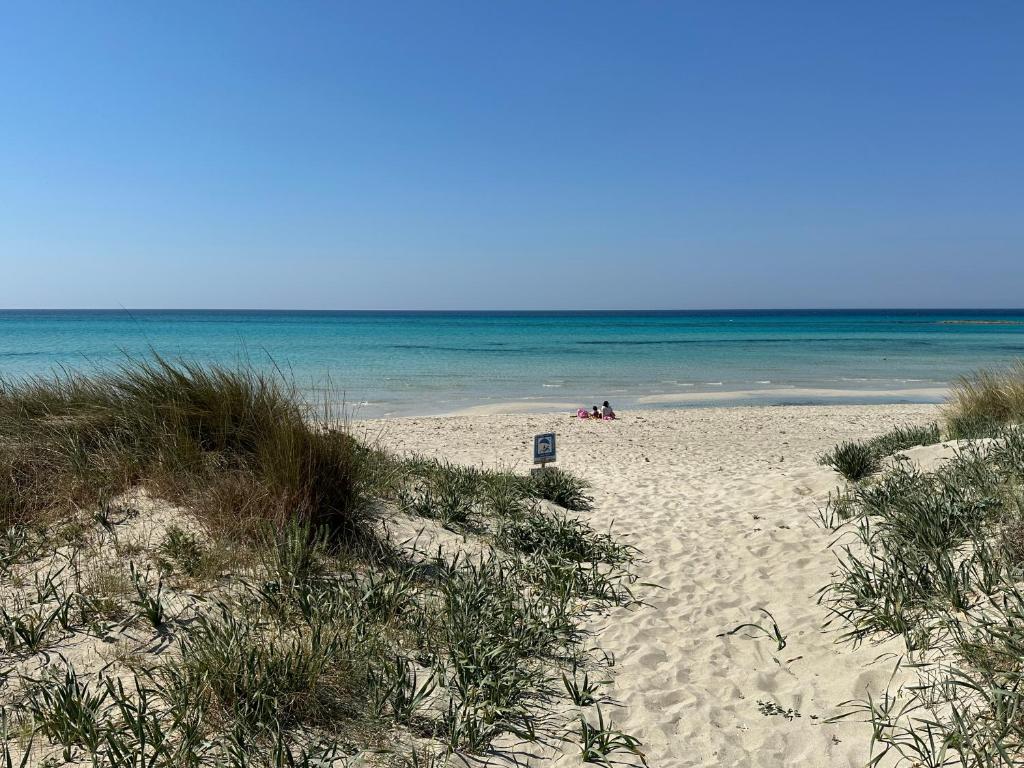 une plage de sable avec l'océan en arrière-plan dans l'établissement BeB Lomi Lomi Luxury Room e wellness Salento, à Torre San Giovanni