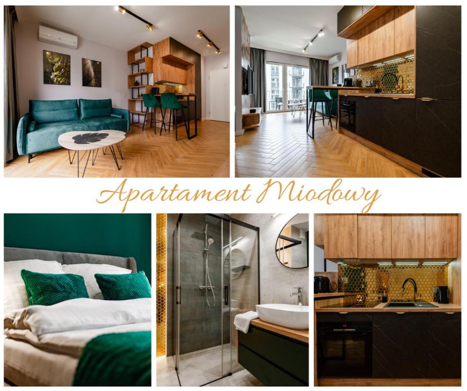 een collage van foto's van een woonkamer en een keuken bij Stary Browar Apartamenty in Bielsko-Biala