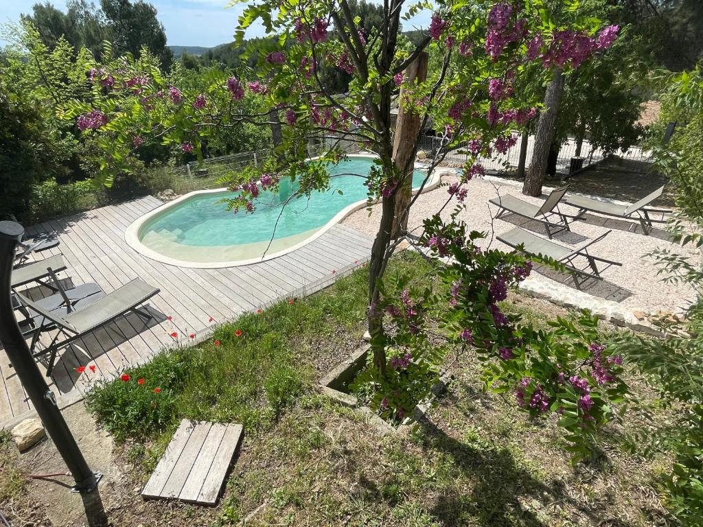 une piscine avec des bancs et un arbre avec des fleurs violettes dans l'établissement Le Mas du Puech Cigale, à Assas