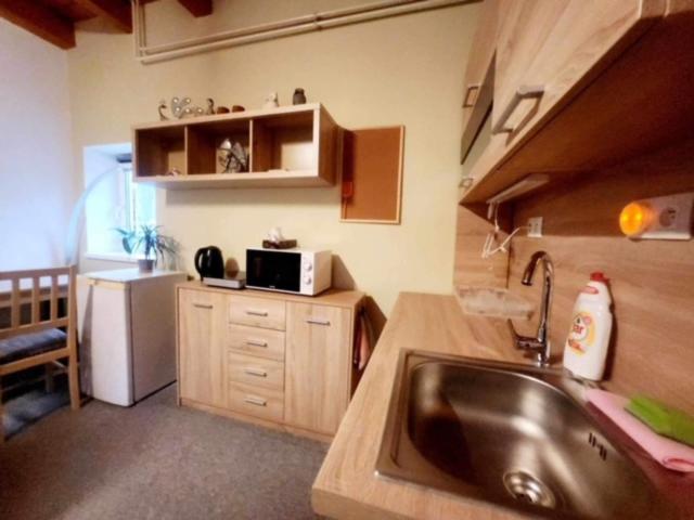 a kitchen with a sink and a microwave at Apartmán Denny in Kežmarok