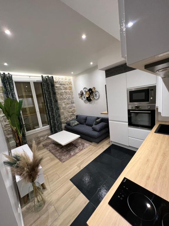 une cuisine et un salon avec un canapé et une table dans l'établissement Port de Nice belle petite pépite, à Nice