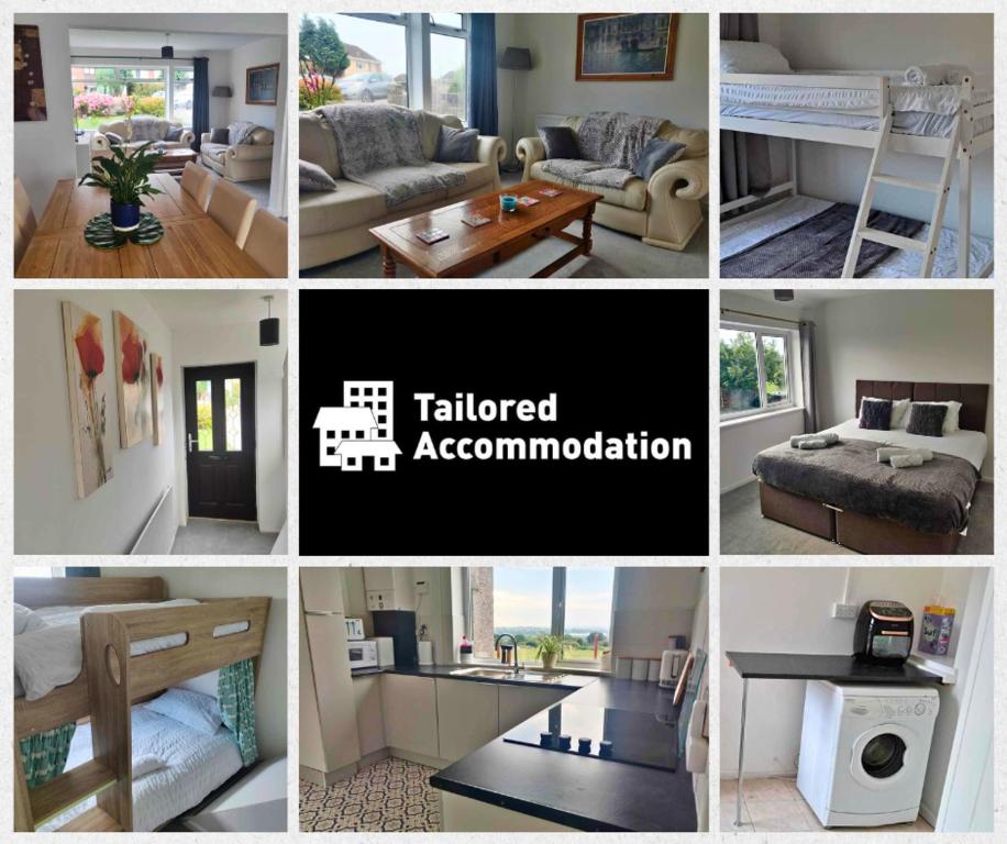 un collage de fotos de una cocina y una sala de estar en 3-bedroom home with Breakfast, PS4 & Private parking, en Swansea