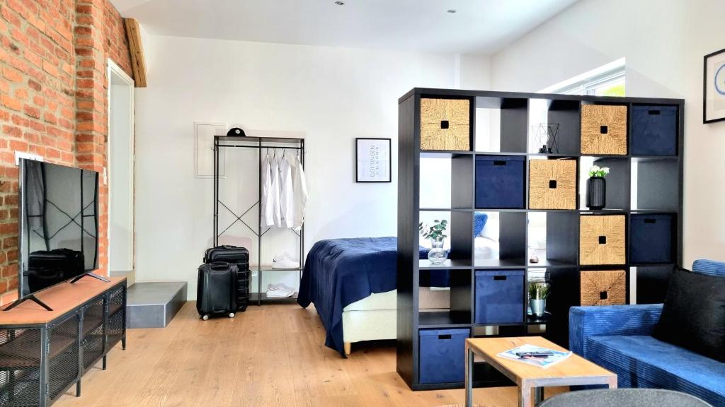ein Wohnzimmer mit einem Bett und einem Bücherregal in der Unterkunft Design Apartment in Göttingen in Göttingen