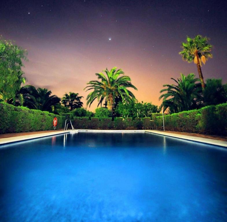 una gran piscina azul con palmeras en el fondo en Hotel La Peña, en Tarifa