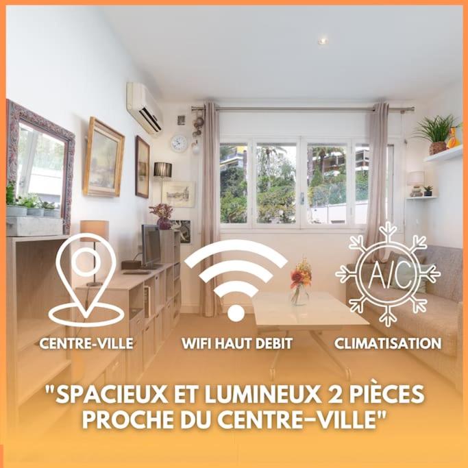 une affiche d'un salon avec une cuisine et une chambre avec dans l'établissement Le Sorbier By ApiRent #Wifi #Climatisation #Lumineux, à Cannes