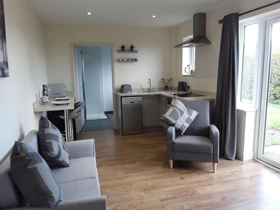 a living room with a couch and chairs and a kitchen at Woodside ..Peaceful 1 bedroom ground floor lodge in Louth
