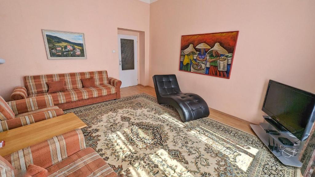 un salon avec un canapé et une télévision à écran plat dans l'établissement Kamil Apartments, Delux A, 65m2, à Karlovy Vary