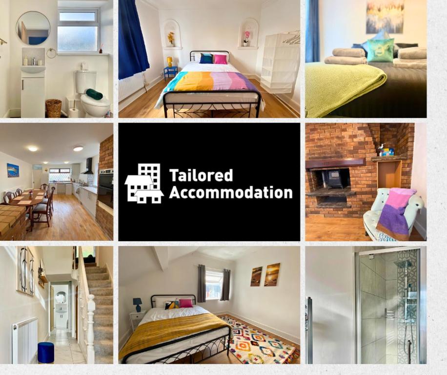 un collage di foto di una camera con letto di 4-Bedroom home - Perfect for those working in Bridgend - By Tailored Accommodation a Bridgend