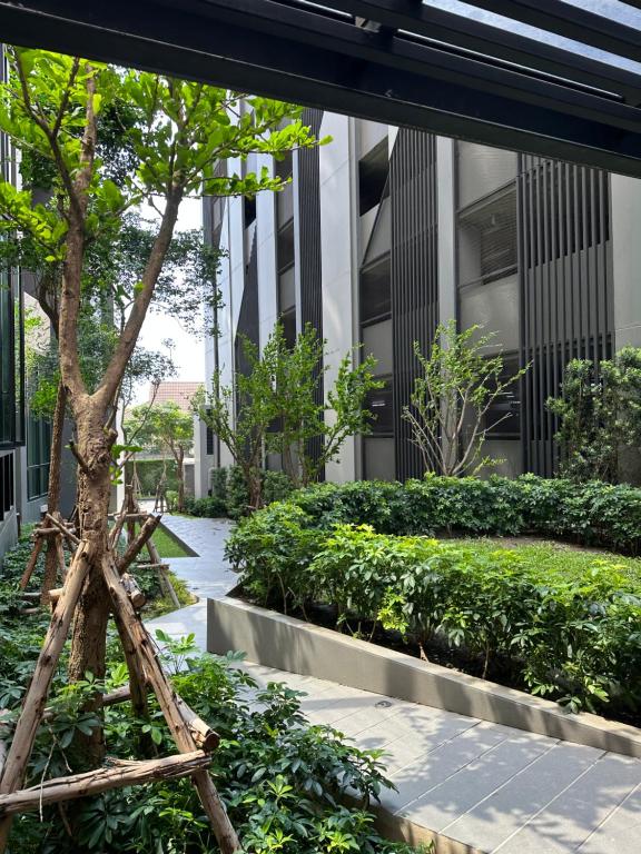 a tree in front of a building with bushes at Private 1 Bedroom at Niche Mono Mega Space Bangna in Bangna