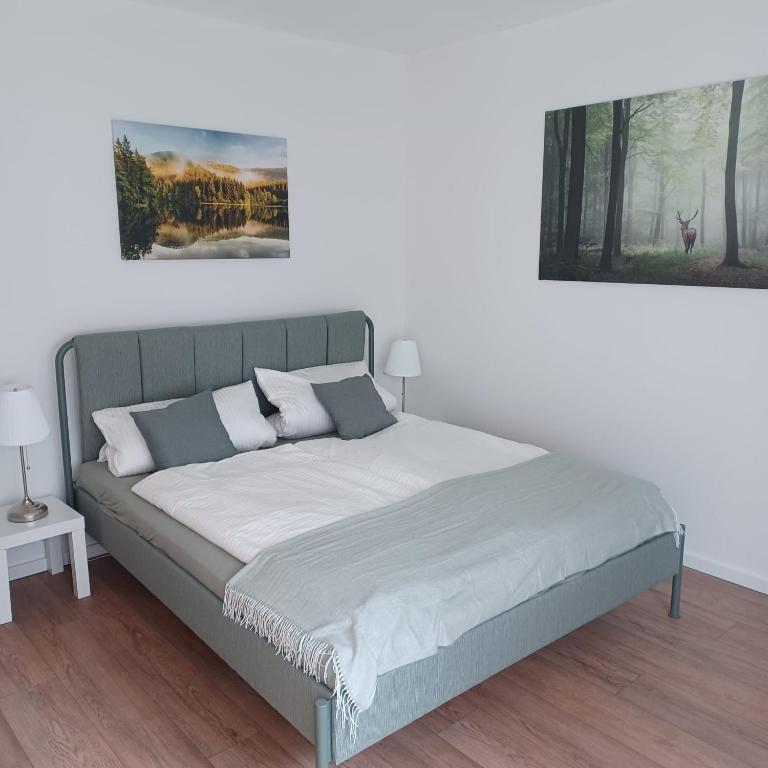 Ce lit se trouve dans un dortoir blanc doté de 2 lampes. dans l'établissement Wandertraum, à Braunlage