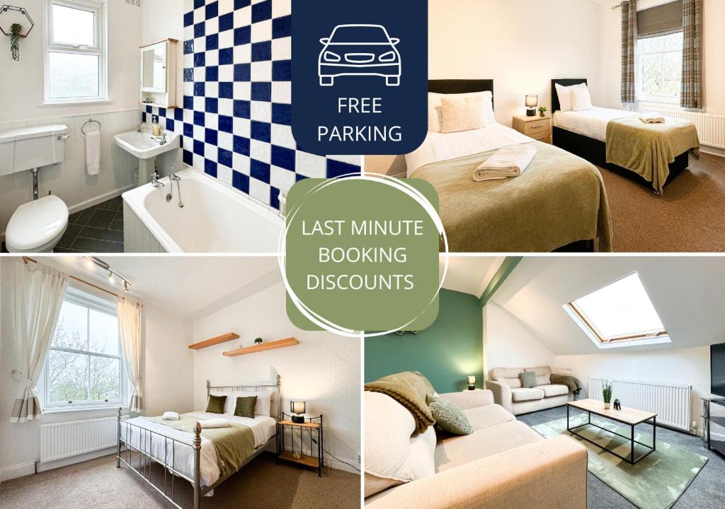 a collage of three pictures of a room with a bedroom at Free Parking - Family Stays - Spacious in Harrogate