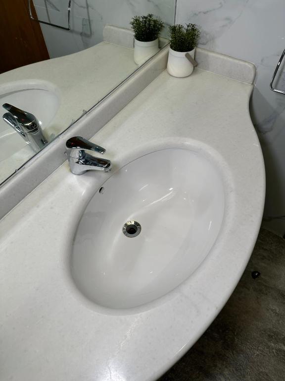 a white bathroom sink with two potted plants on it at PORT INN Hotel in Astana
