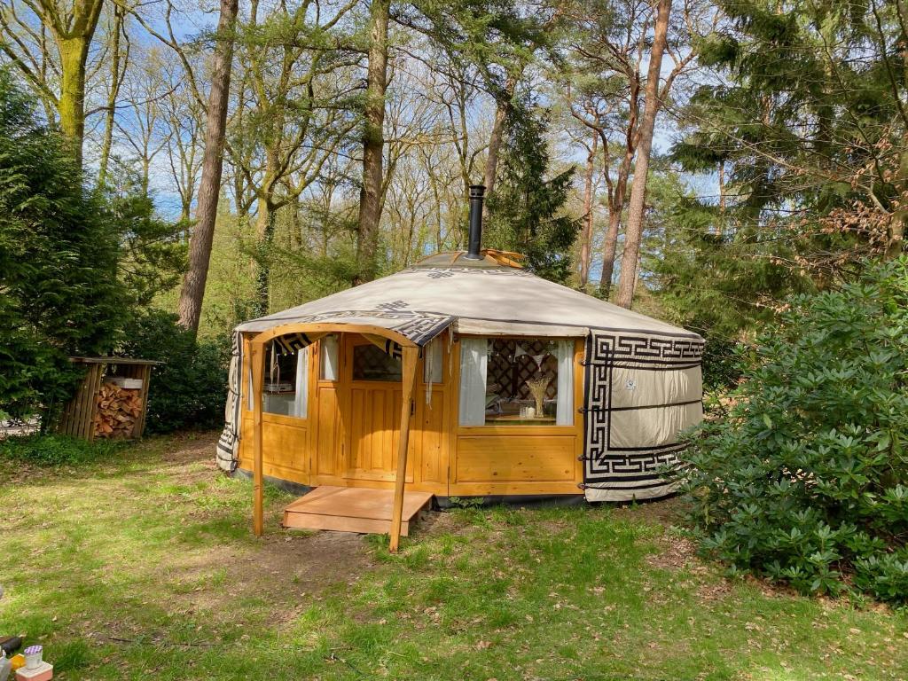 a yurt sitting in the grass in a yard at Ons Yurt Huisje in het Bos in Hollandsche Rading
