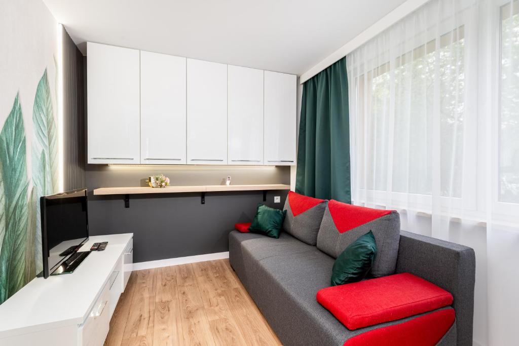 salon z szarą kanapą i czerwonymi poduszkami w obiekcie Prokocim Modern Studio w Krakowie