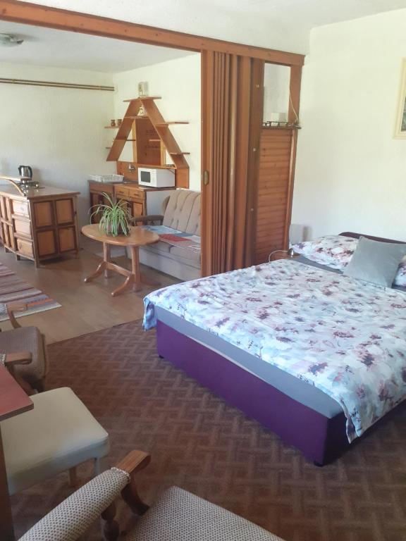 a bedroom with a bed and a table and a chair at Sokol in Ogulin