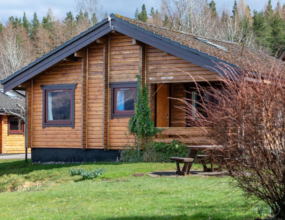 una cabaña de madera con un banco delante en Loch Insh Chalets Ltd en Kincraig