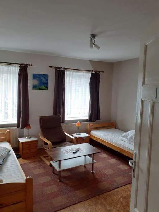 ein Schlafzimmer mit einem Bett, einem Stuhl und einem Tisch in der Unterkunft Monteurzimmer Brunsbüttel Süd in Brunsbüttel