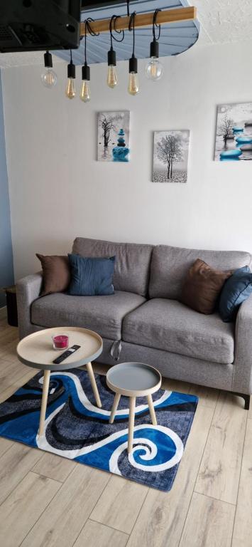 sala de estar con 2 mesas frente a un sofá en Némo Petit studio cosy., 