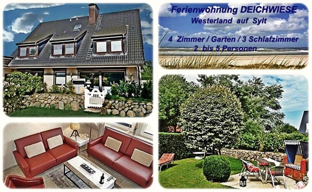 un collage de cuatro fotos de una casa en FERIENWOHNUNG DEICHWIESE SYLT-WESTERLAND 2-5 Personen-3 Schlafzimmer-Terrasse, en Westerland