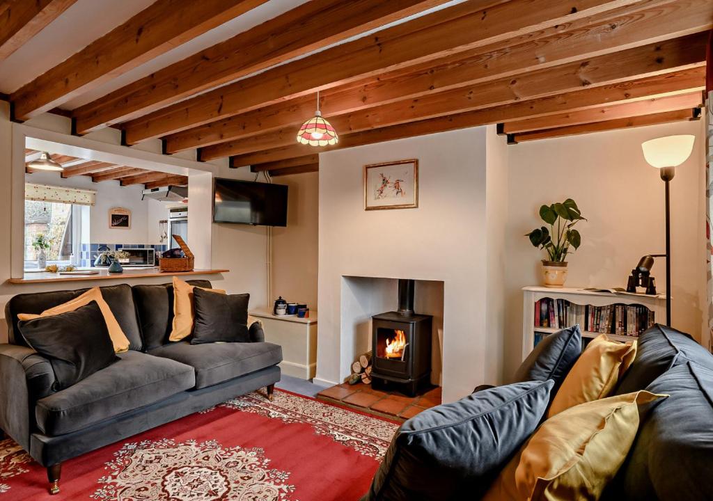 a living room with a couch and a fireplace at Cobbley Cottage in Little Snoring