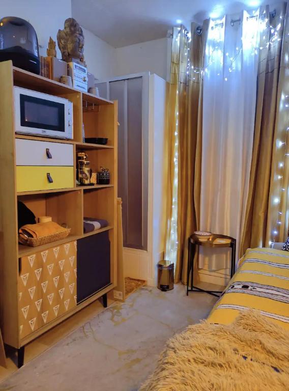 - une chambre avec un lit et une commode avec un four micro-ondes dans l'établissement SINGLE STUDIO QuartierLatin, à Paris