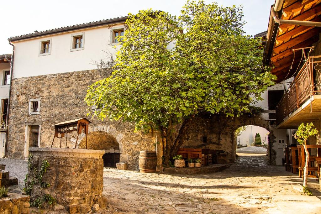 een extern uitzicht op een gebouw met een boog en een boom bij Boutique Rooms & Winery Žorž in Vipava