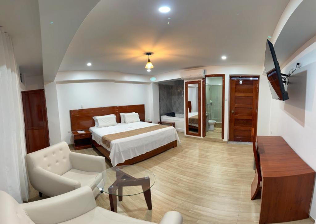 1 dormitorio con 1 cama, TV y sofá en HOTEL AMERICANO en Jaén
