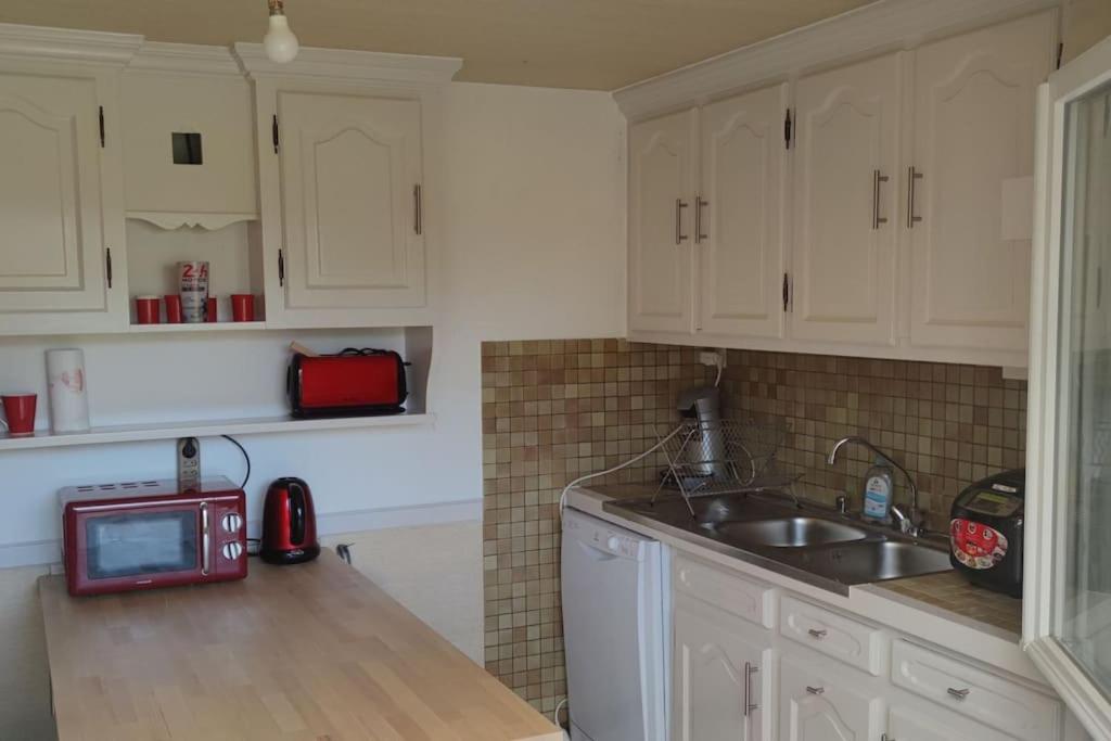 une cuisine avec des armoires blanches, un évier et un micro-ondes dans l'établissement appartement indépendant proche circuit 24h, 1 chambre, à Arnage