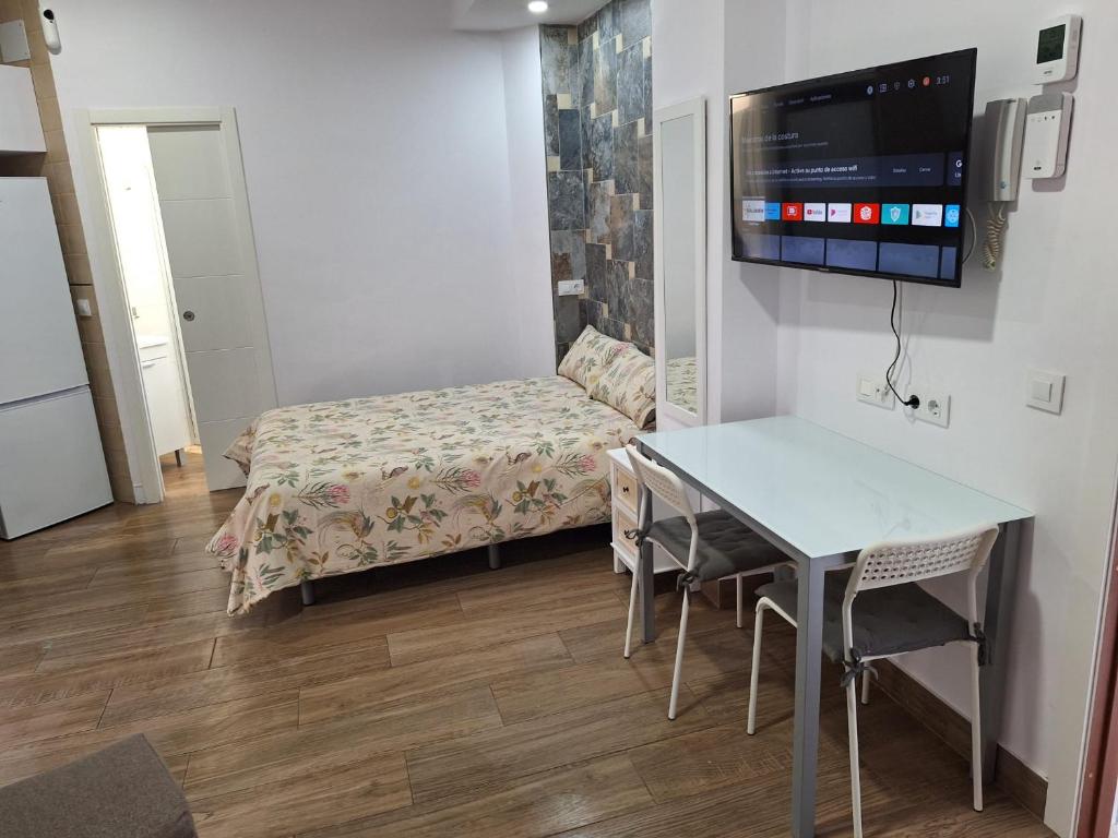 a room with a bed and a table and a tv at TourismCasa in Dos Hermanas