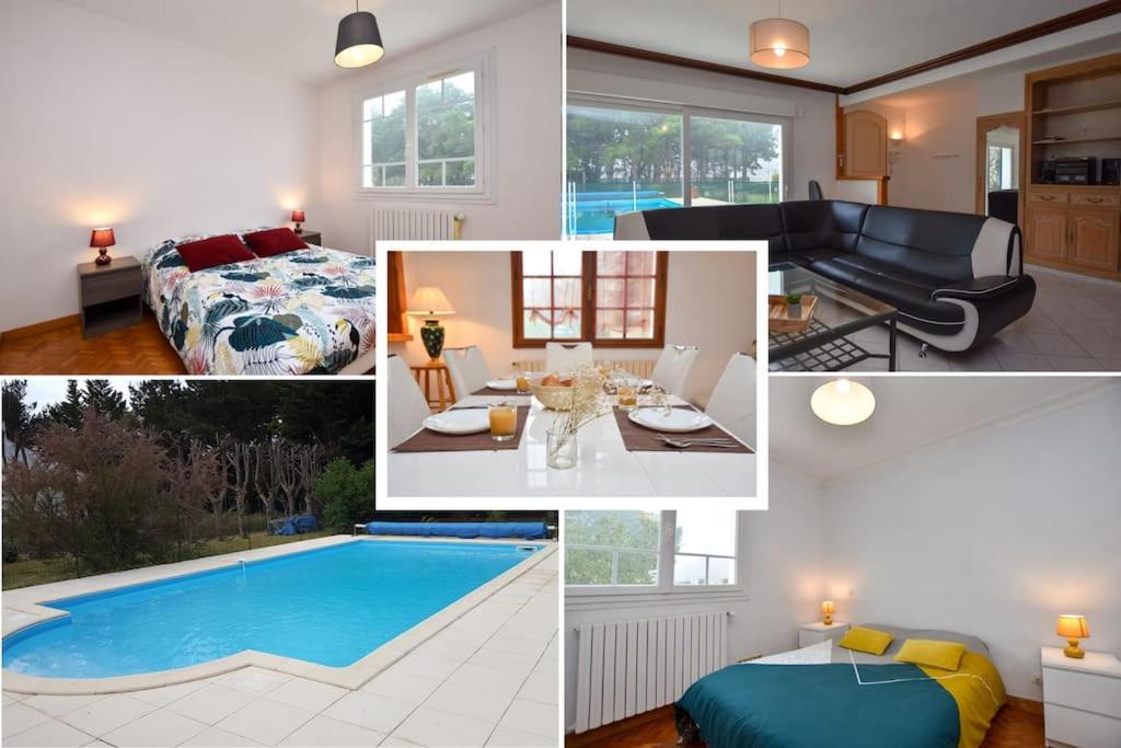 eine Collage mit Fotos von einem Schlafzimmer und einem Pool in der Unterkunft « La tranquillité » Villa avec piscine in Saint-Hilaire-de-Riez