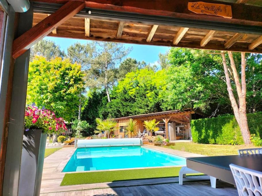 a swimming pool in a backyard with a table and chairs at Villa Entre Bordeaux et Arcachon in Salles