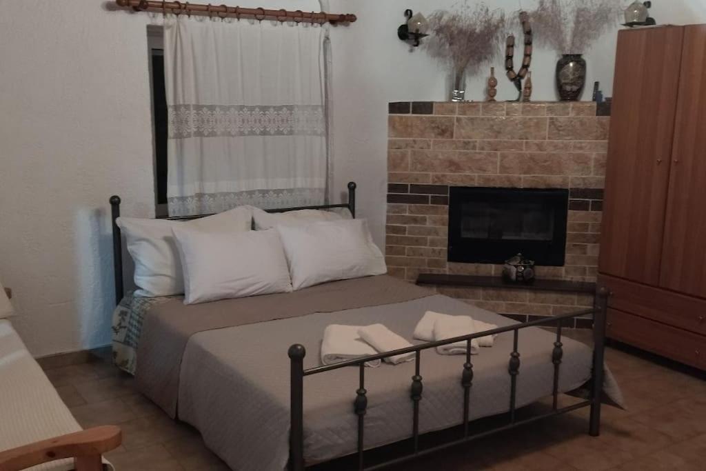 1 dormitorio con 1 cama y chimenea en Grapes and Roses 2, en Igoumenitsa
