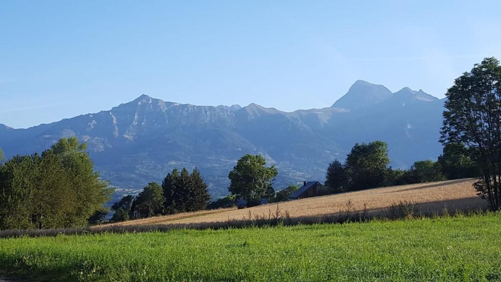 a field of grass with mountains in the background at Grand chalet familial in Forest-Saint-Julien