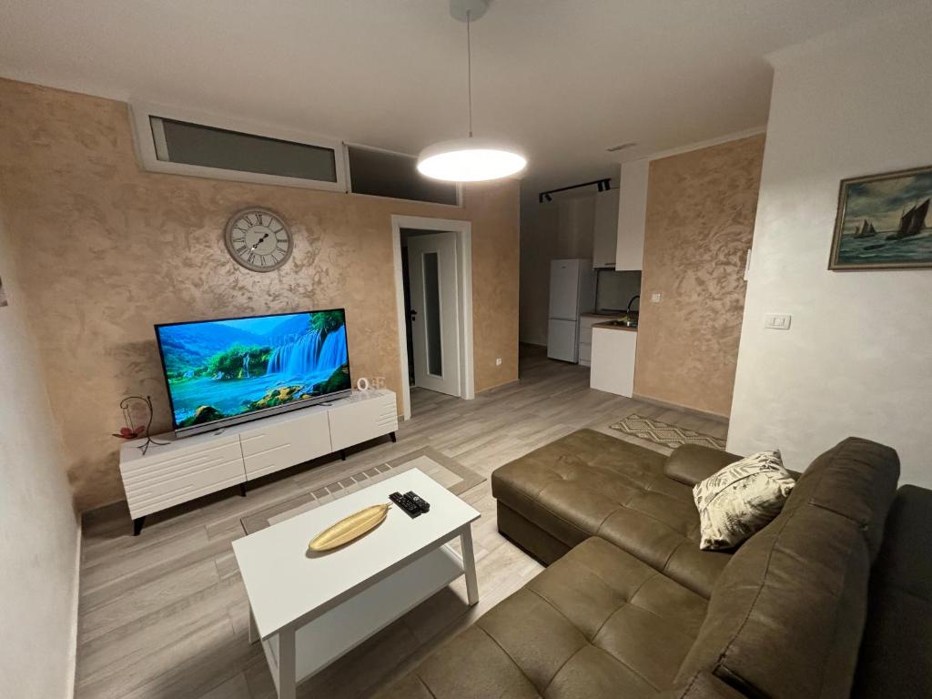 ein Wohnzimmer mit einem Sofa und einem Flachbild-TV in der Unterkunft Petar Apartment in Podgorica