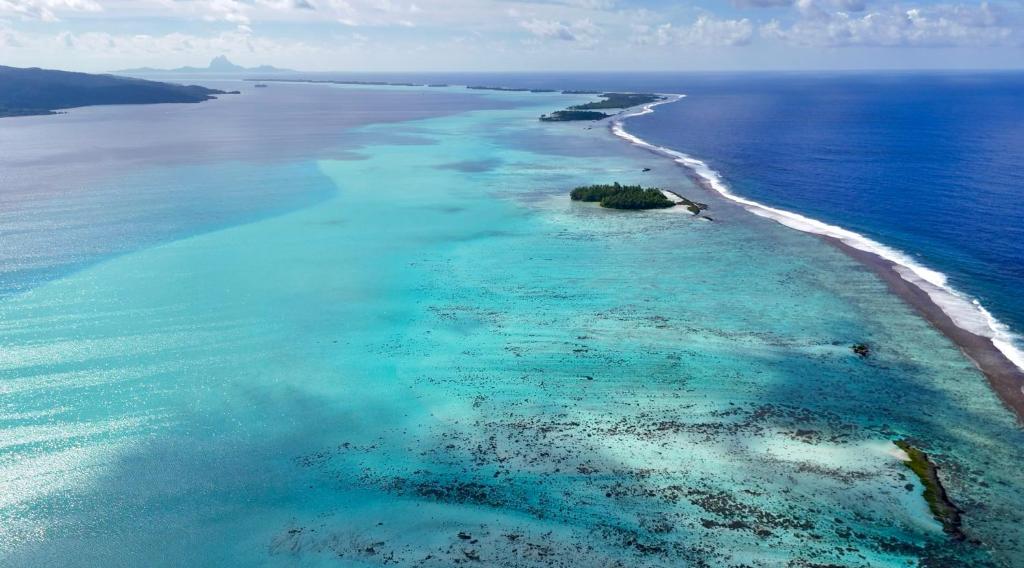 una vista aerea di un'isola nell'oceano di EDEN Private Island TAHAA a Patio