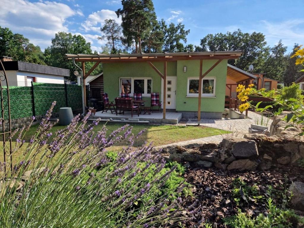 ein kleines grünes Haus mit einer Pergola in der Unterkunft Weißenspring 