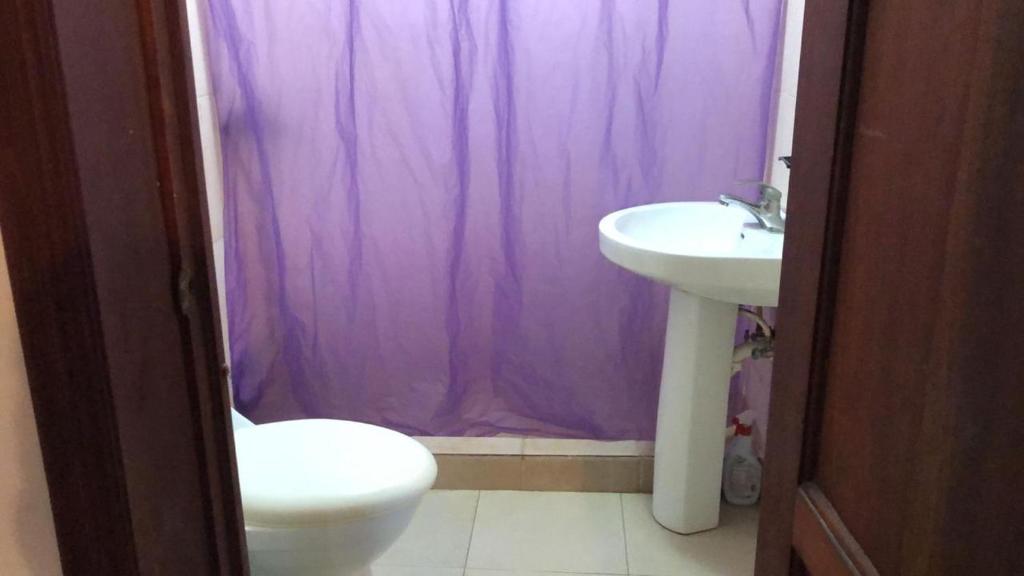 ein Badezimmer mit einem WC, einem Waschbecken und einem lila Duschvorhang in der Unterkunft Residencial espinal 2 in Punta Cana