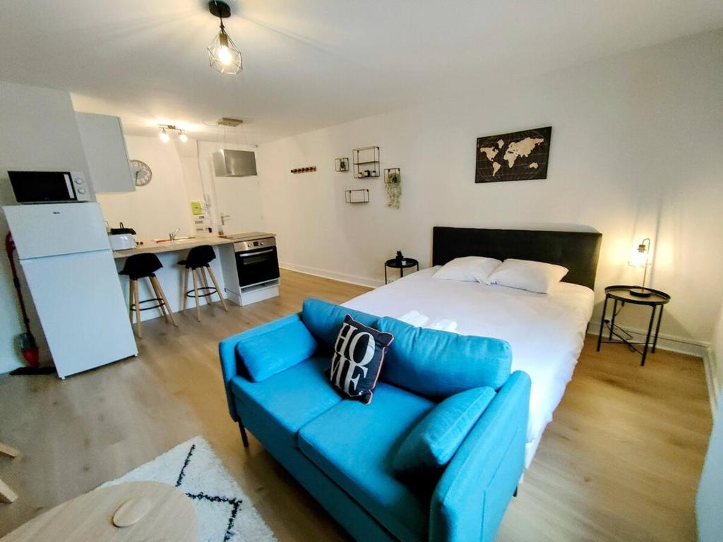 une chambre avec un lit et un canapé bleu dans l'établissement Paris VI - Séjour à Auxerre, à Auxerre
