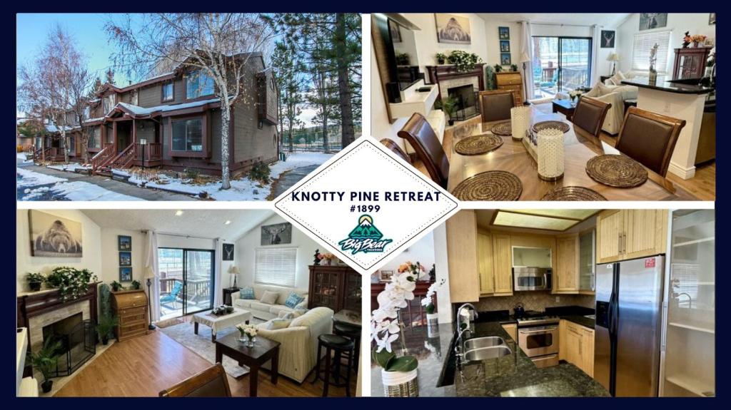 three pictures of a kitchen and a living room at 1899- Knotty Pine - Big Bear Lake Retreat home in Big Bear Lake