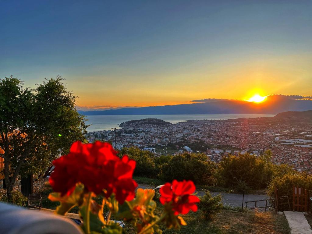 a view of the sun setting over a city with red flowers at Villa & Apartments Cityview Ohrid in Ohrid