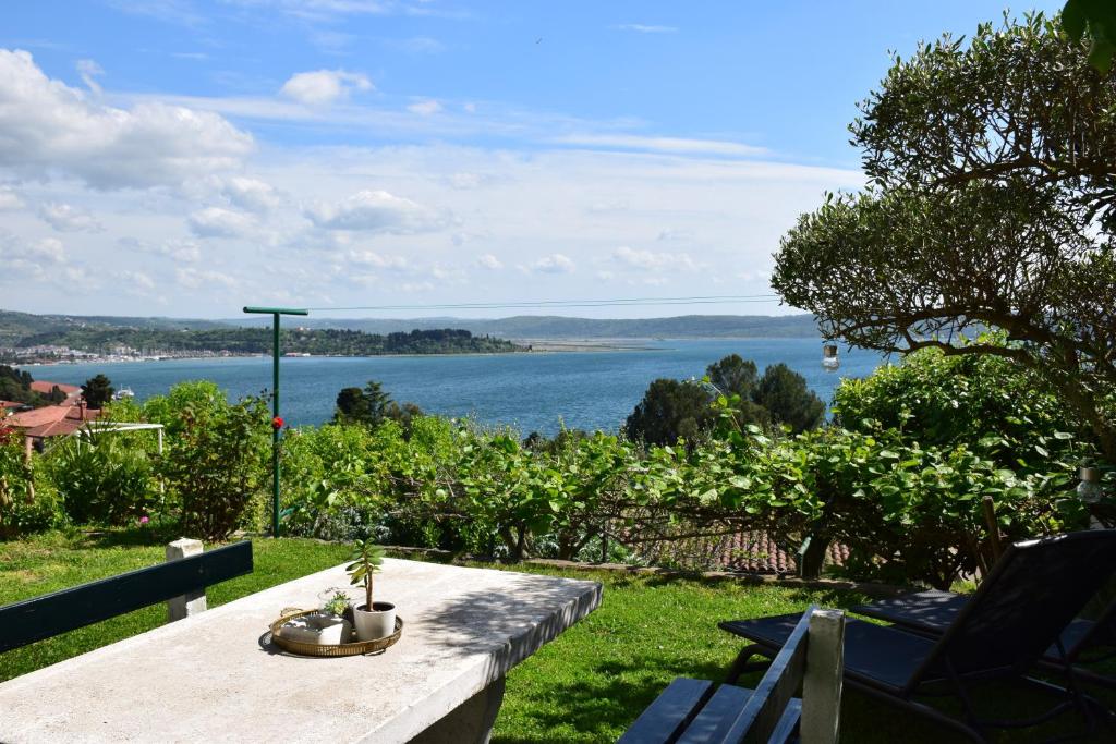 a picnic table with a view of the water at Apartments Fink in Portorož