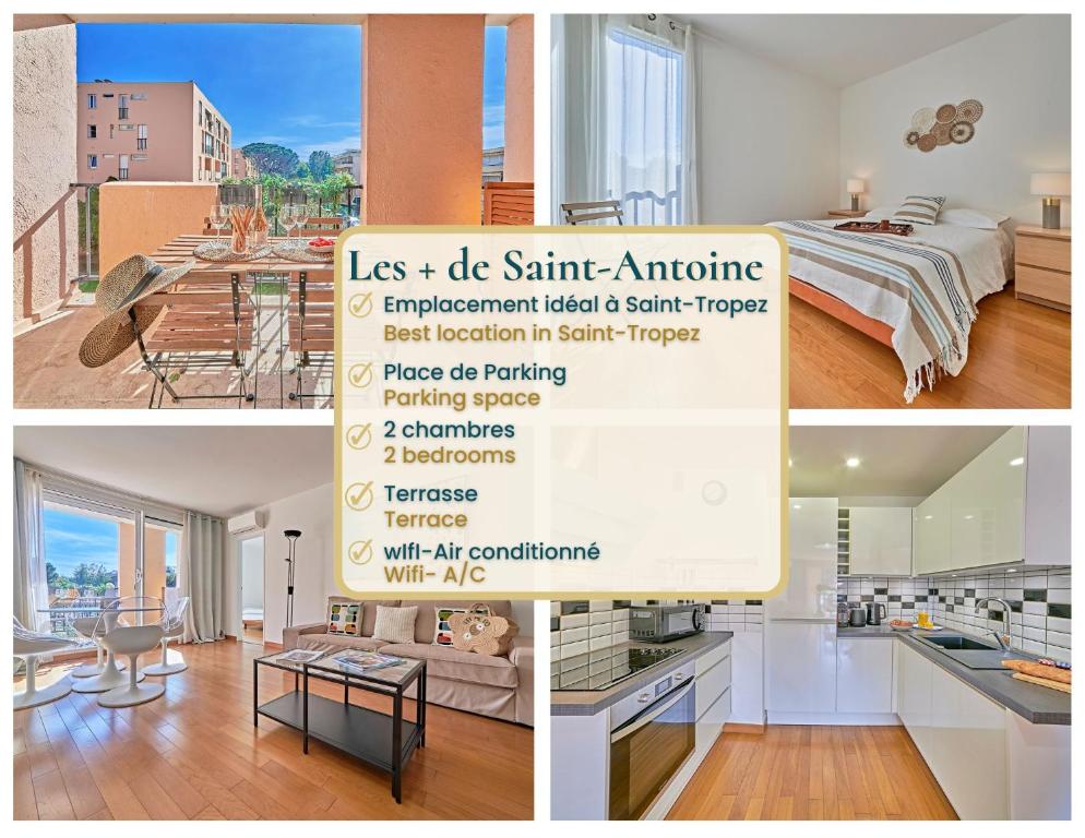 un collage de trois photos d'une chambre et d'une cuisine dans l'établissement Saint Antoine-City center St-Tropez-TerraceParking, à Saint-Tropez