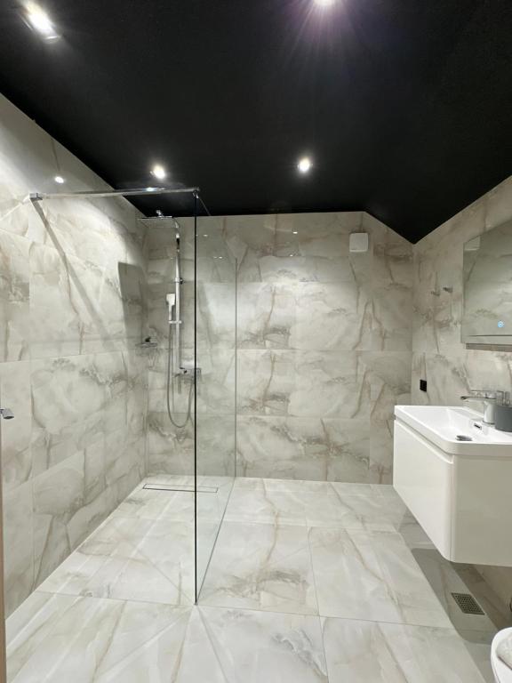 La salle de bains est pourvue d'une douche et d'un lavabo. dans l'établissement Plaza Apartments, à Sarajevo